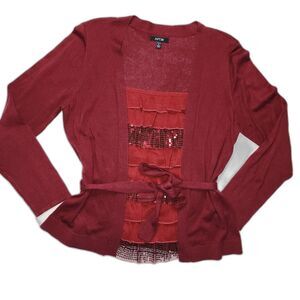 Apt. 9 Red Cardigan Sweater Built in Ruffled Sequin Top Tie Waist Size PL